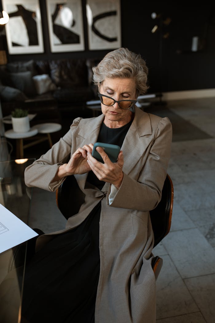 Elderly woman engaged with smartphone at modern workplace.